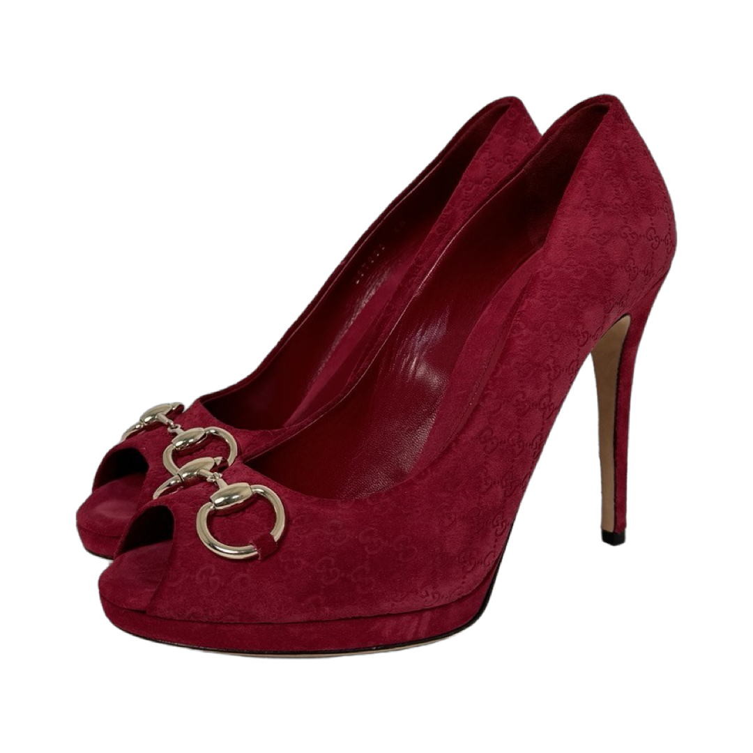 Gucci Suede Horsebit Peep Toe Heels Size 40