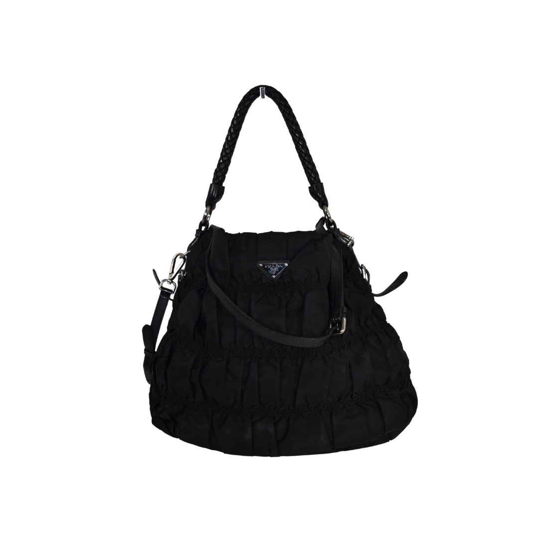 Prada Tessuto Gaufre Ruched Nylon Hobo in Black