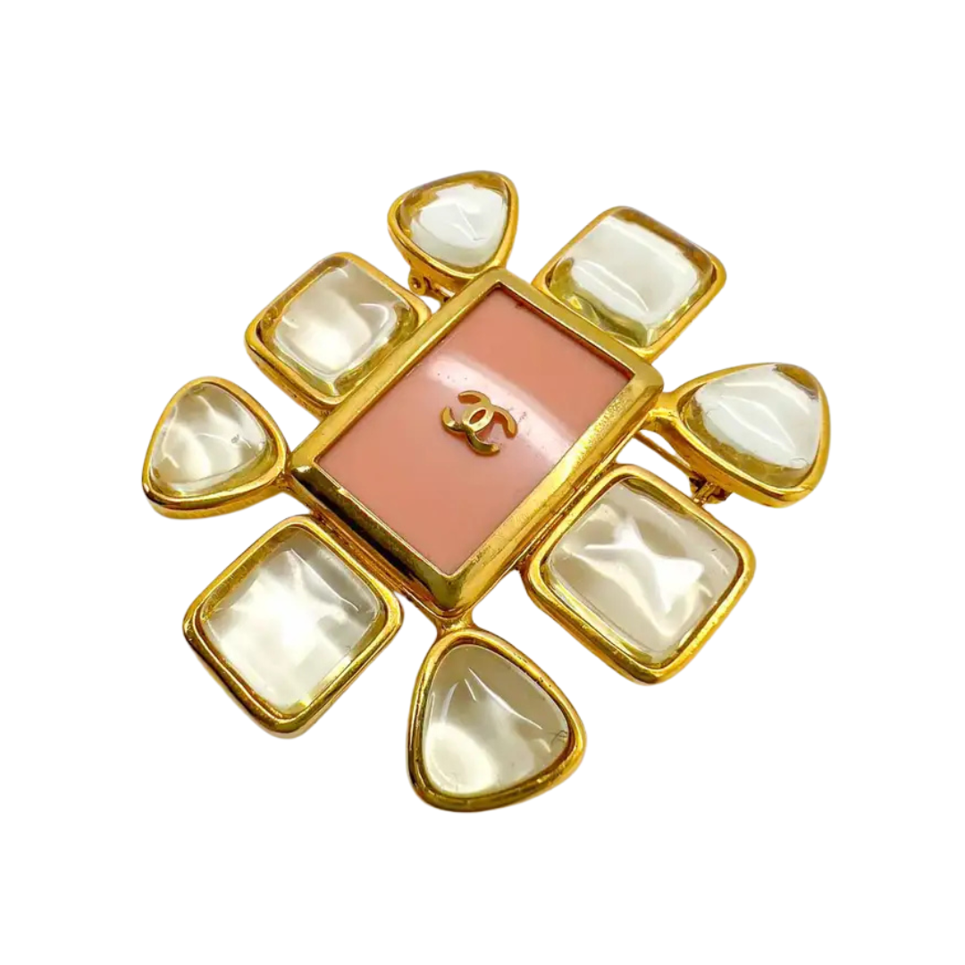 Chanel Vintage 1996 Pastel Pink & Crystal CC Logo Brooch