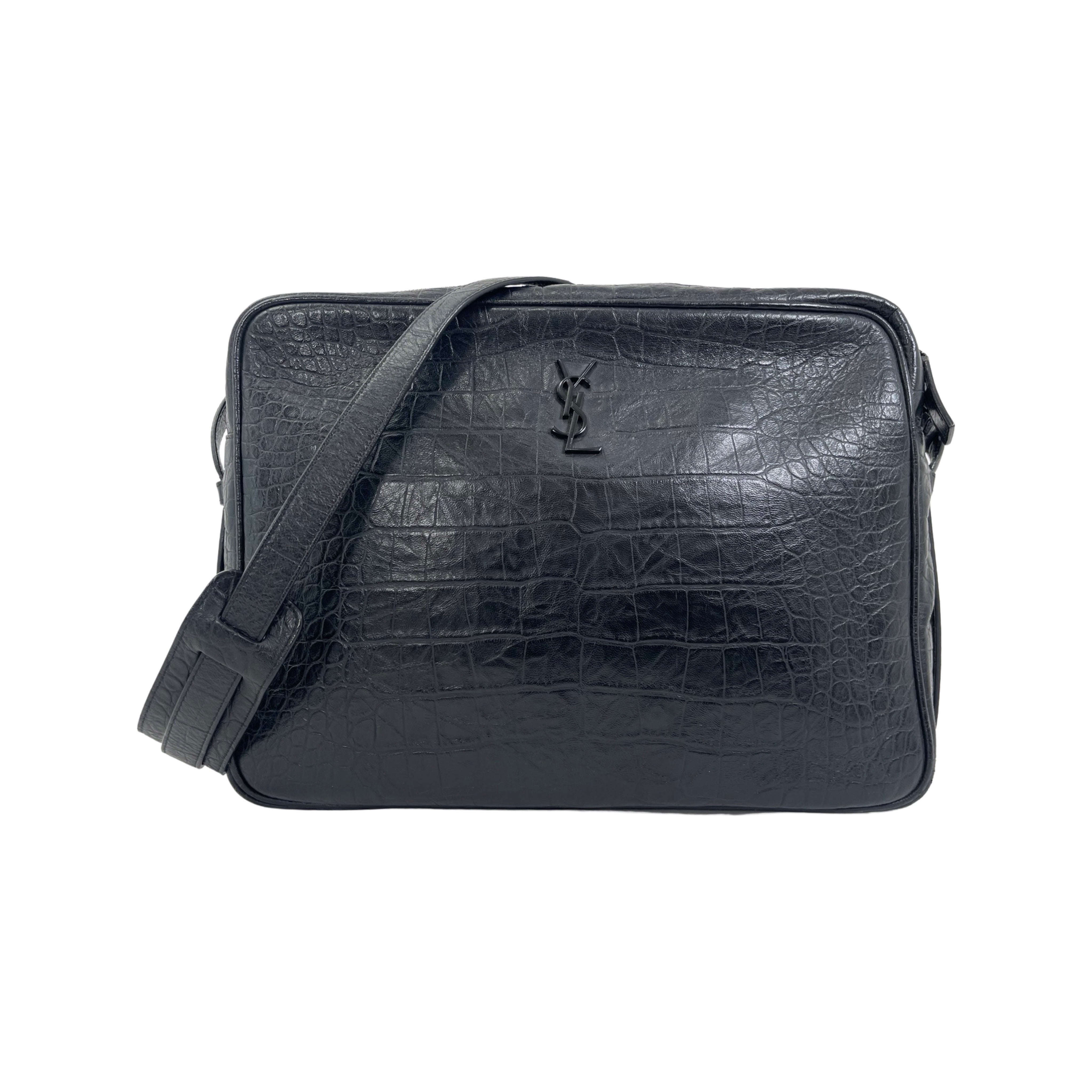 Saint Laurent YSL Croc Embossed Leather Shoulder Bag