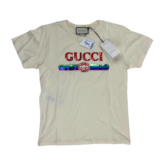 Gucci Beige Sequin Vintage Logo T-Shirt